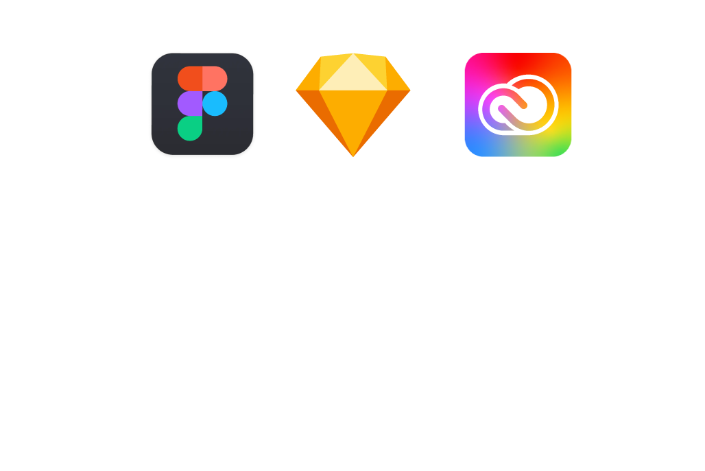 A pencil and calligraphy pen are crossed below the app icons of figma, sketch and adobe creative cloud.